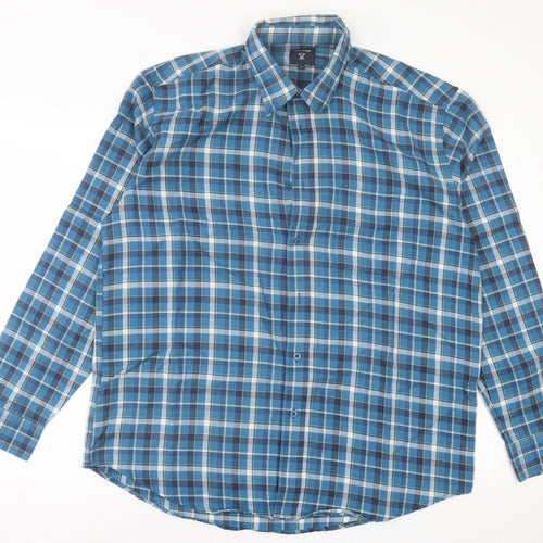 James Pringle Mens Blue Plaid Cotton  Button-Up Size L Collared Button