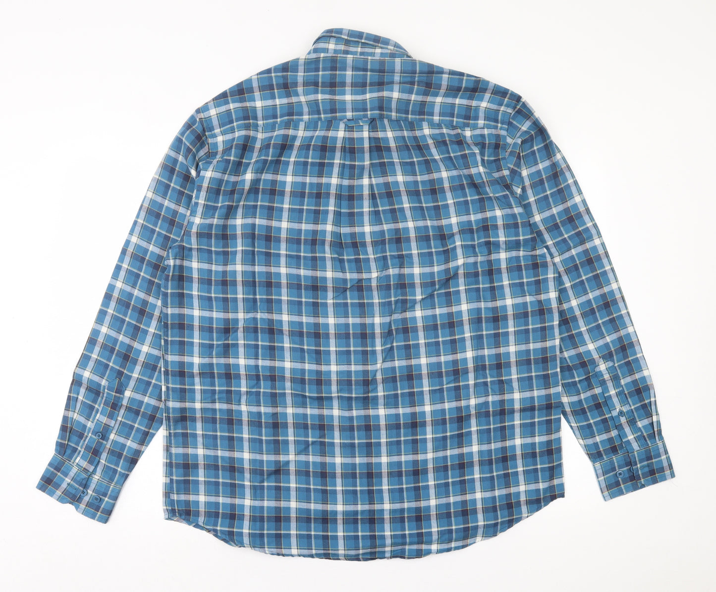 James Pringle Mens Blue Plaid Cotton  Button-Up Size L Collared Button