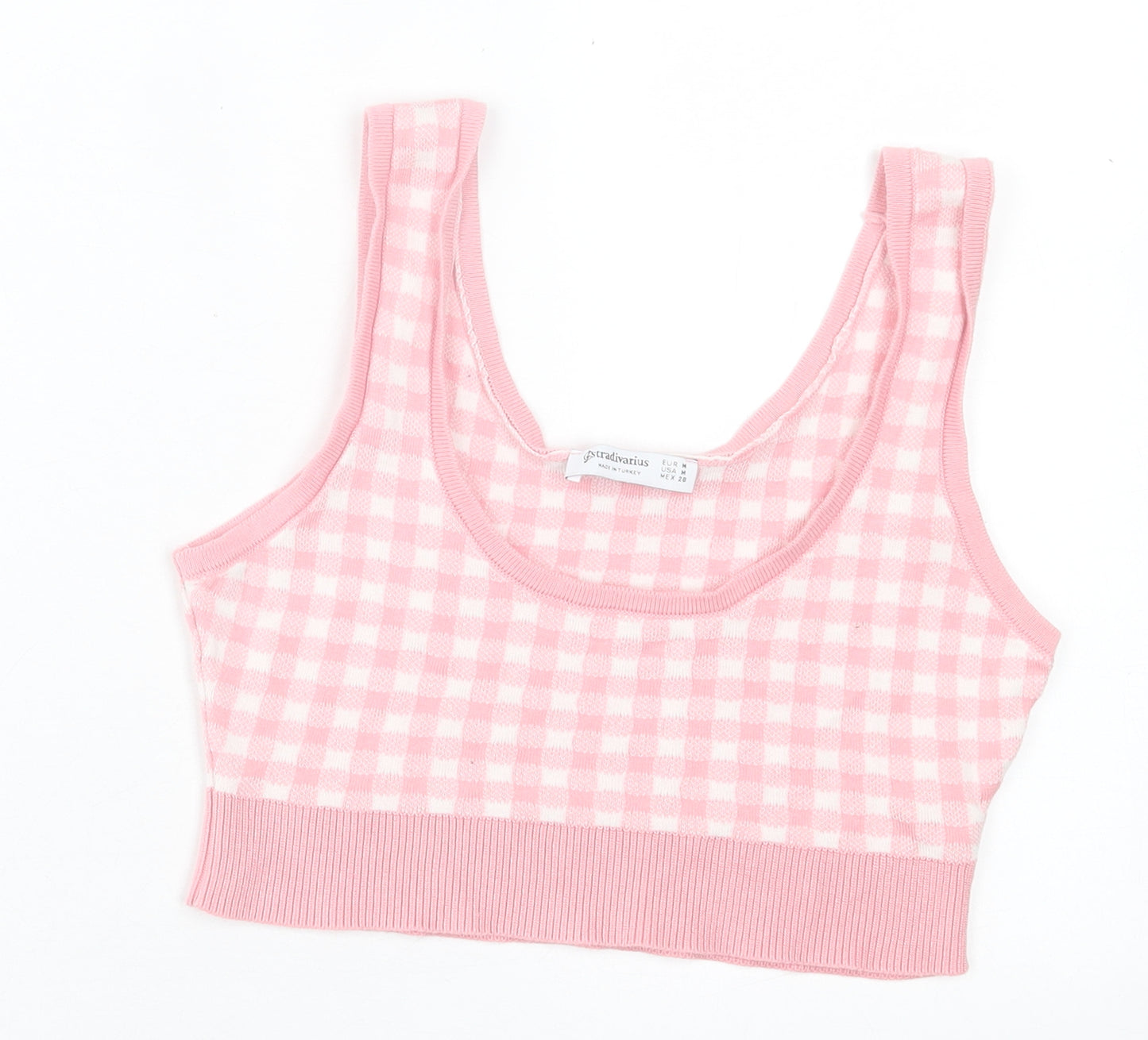 Stradivarius Womens Pink Check Cotton Cropped Tank Size M Scoop Neck