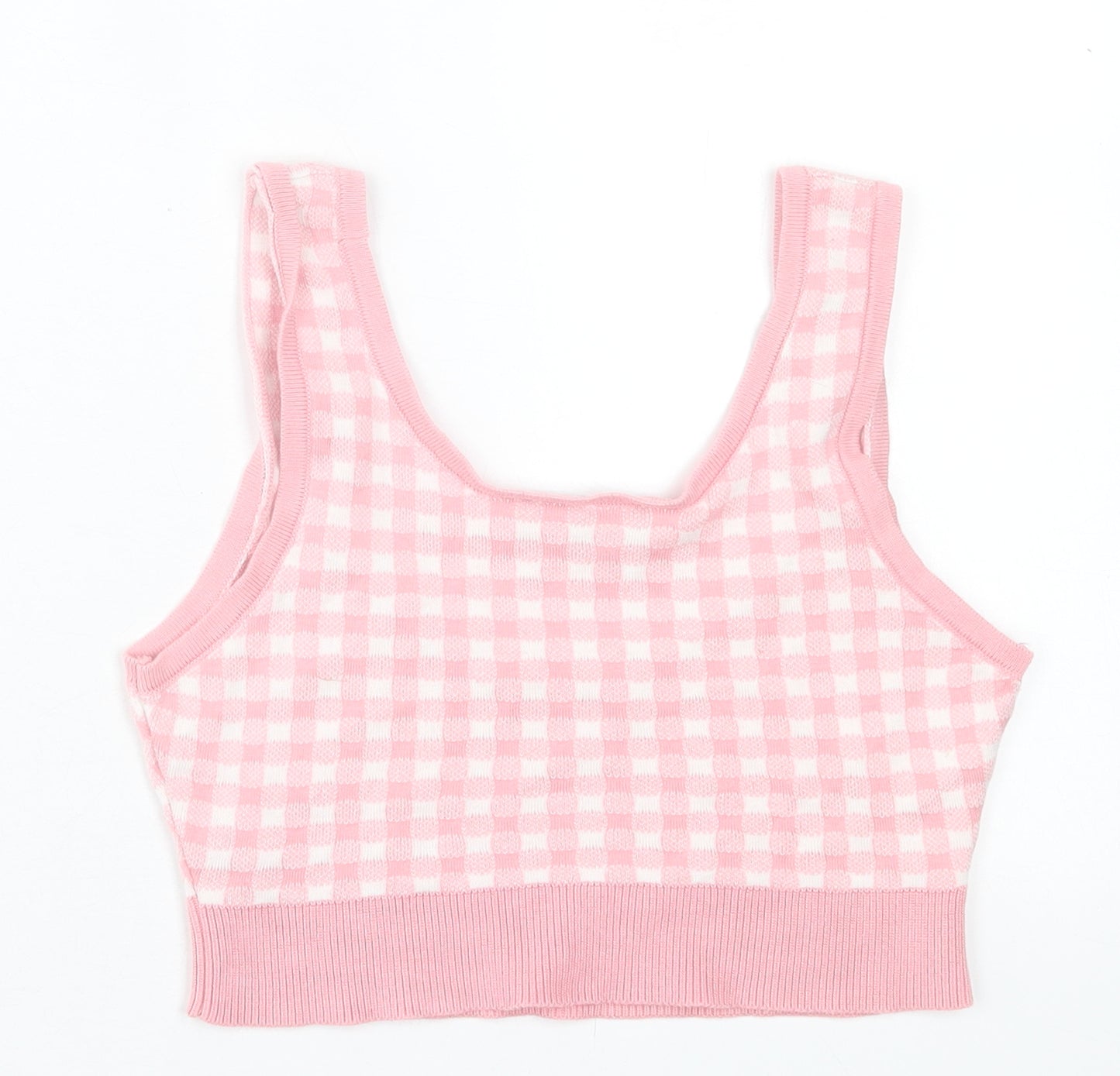 Stradivarius Womens Pink Check Cotton Cropped Tank Size M Scoop Neck