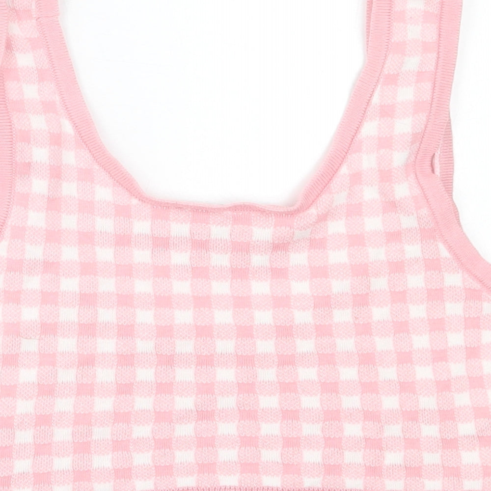 Stradivarius Womens Pink Check Cotton Cropped Tank Size M Scoop Neck