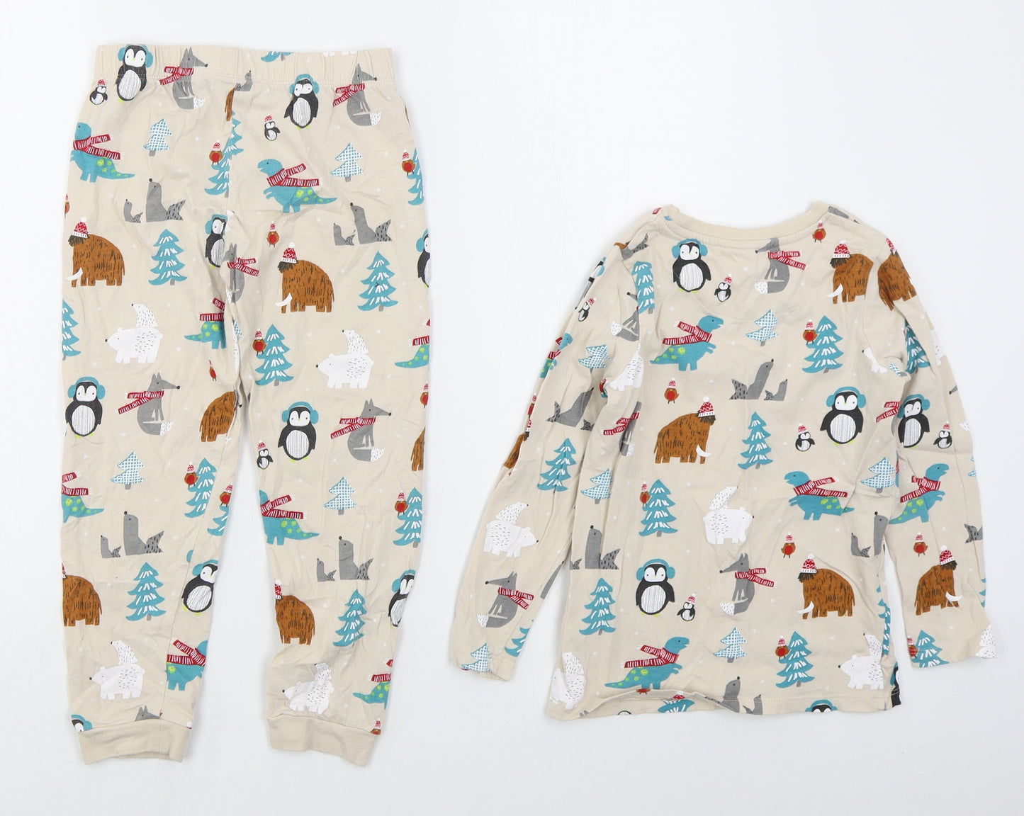 Marks and Spencer Boys Beige Solid Cotton  Pyjama Set Size 5-6 Years  Pullover - Christmas Prints