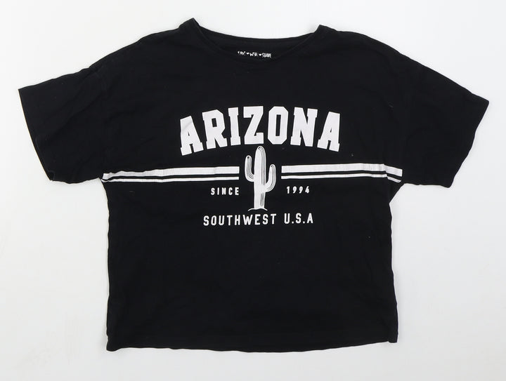 F&F Girls Black Cotton Cropped T-Shirt Size 11-12 Years Crew Neck Pullover - Arizona