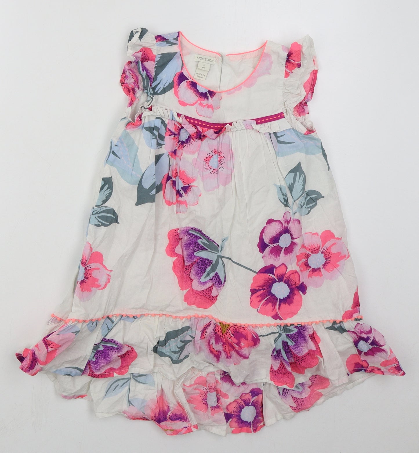 Monsoon Girls White Floral Cotton A-Line  Size 6 Years  Round Neck Button