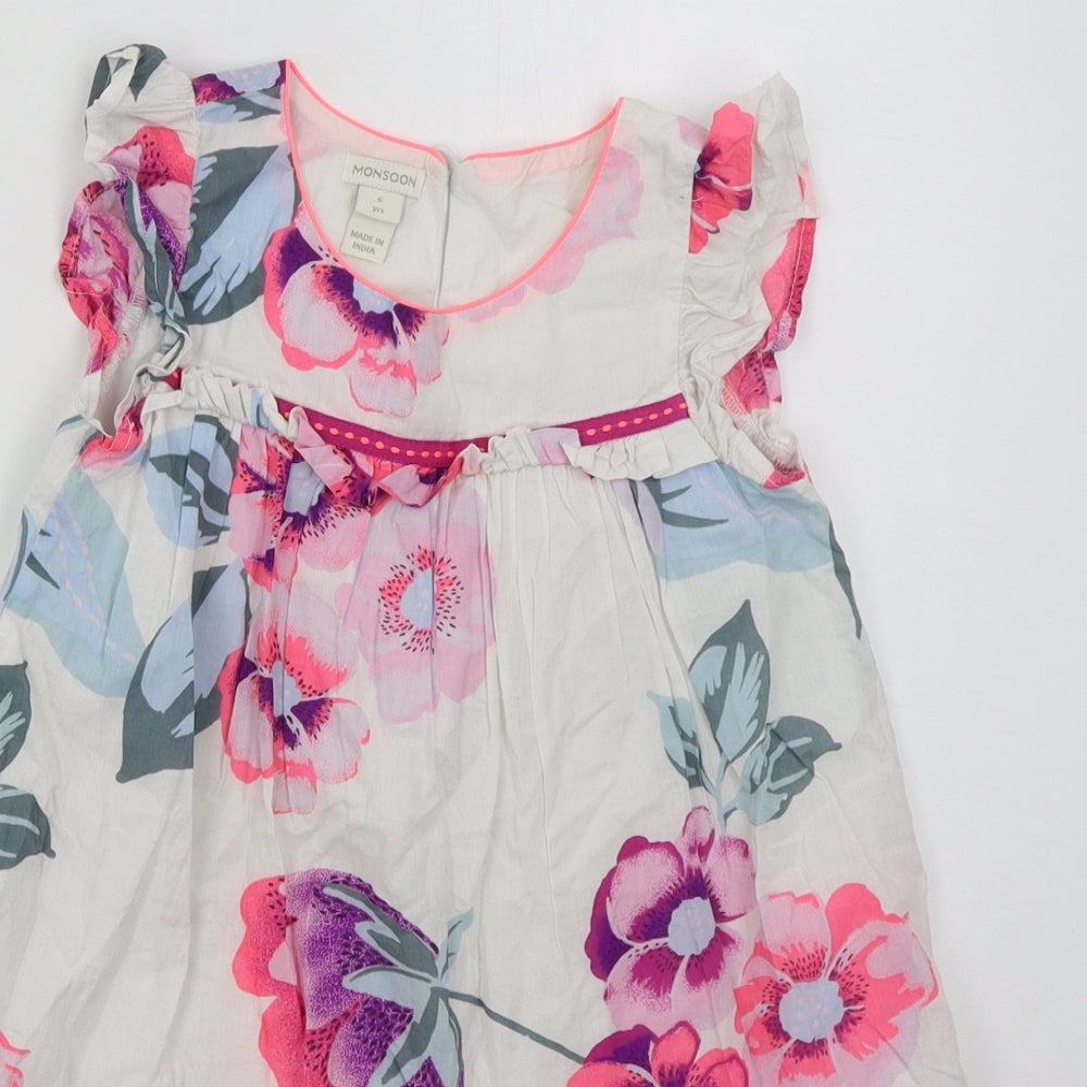 Monsoon Girls White Floral Cotton A-Line  Size 6 Years  Round Neck Button