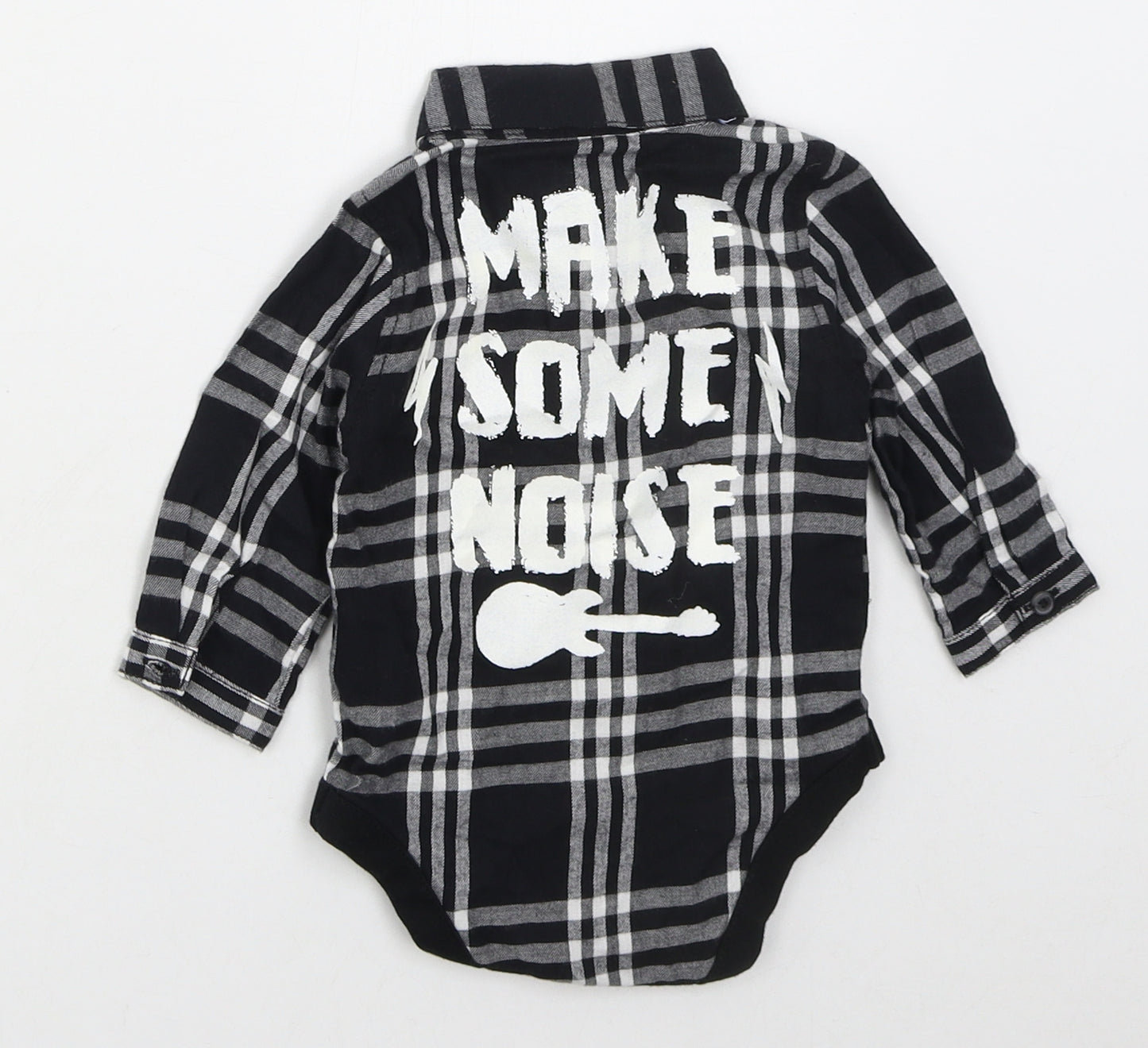 Primark Boys Black Check Cotton Babygrow One-Piece Size 3-6 Months  Button - Make Some Noise