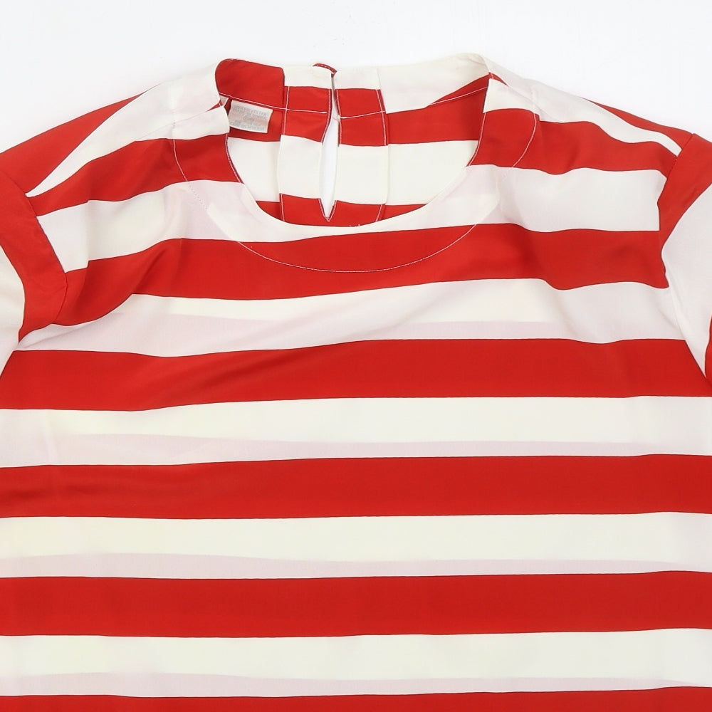 Maggie Barnes Womens Red Striped Polyester Basic T-Shirt Size 22 Round Neck