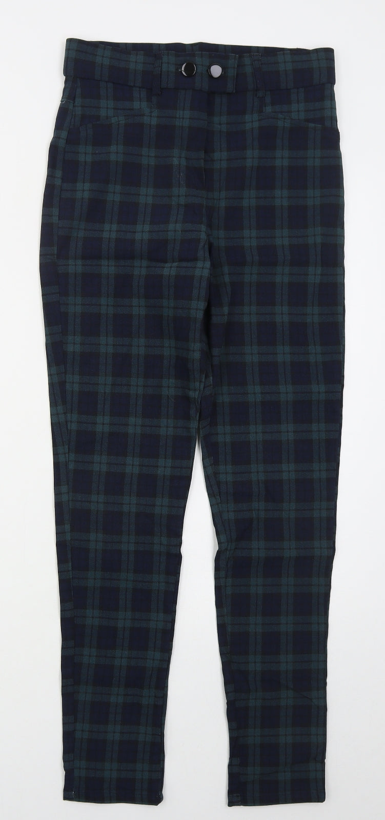 Primark Womens Blue Check Viscose Trousers  Size 12 L28 in Regular Button