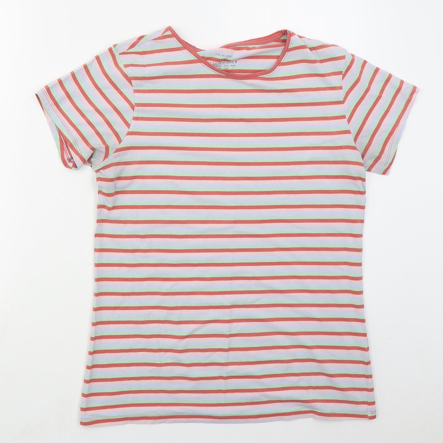 Primark Womens Pink Striped Cotton Basic T-Shirt Size 14 Crew Neck - Green and Blue