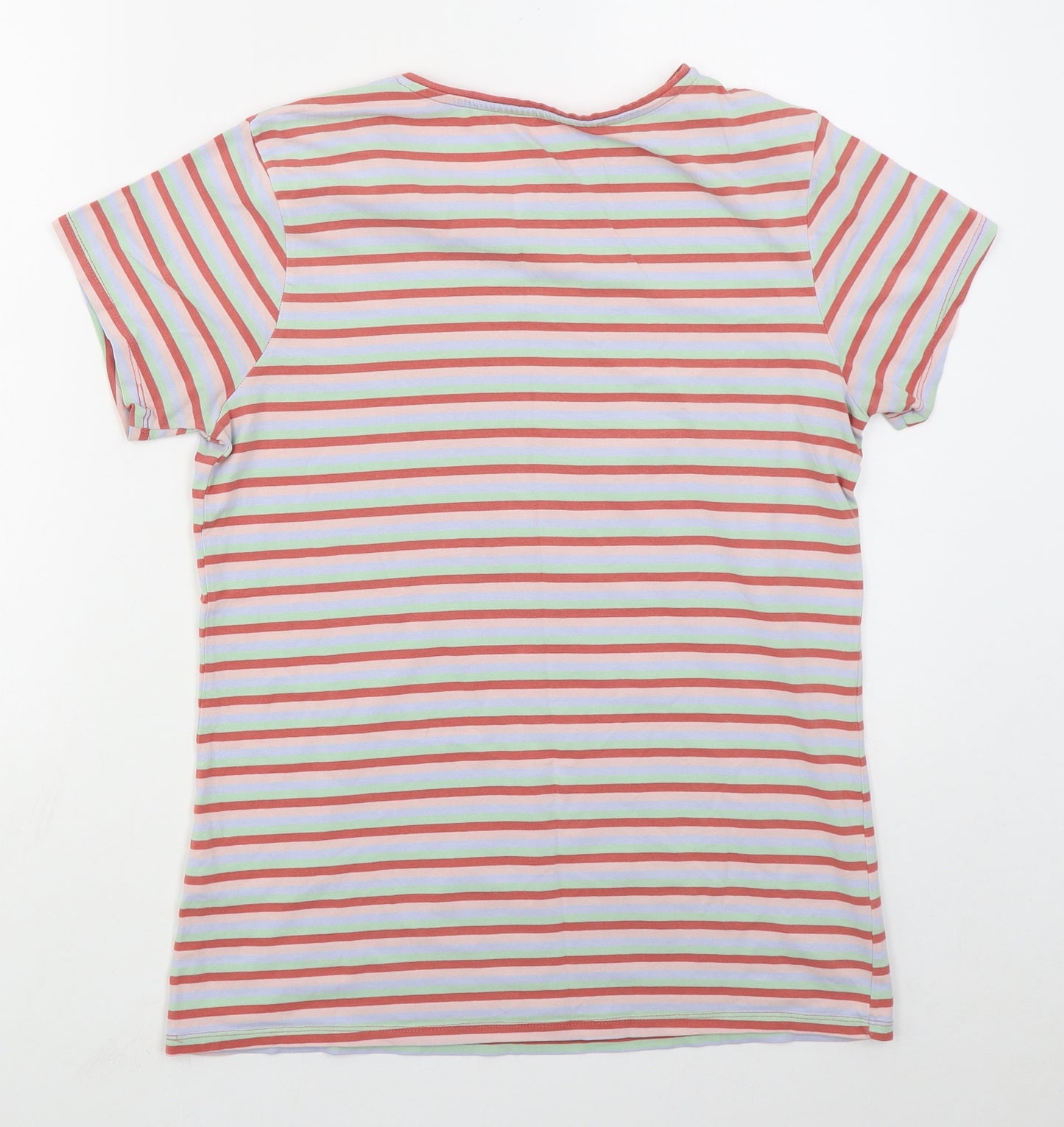 Primark Womens Pink Striped Cotton Basic T-Shirt Size 14 Crew Neck - Green and Blue