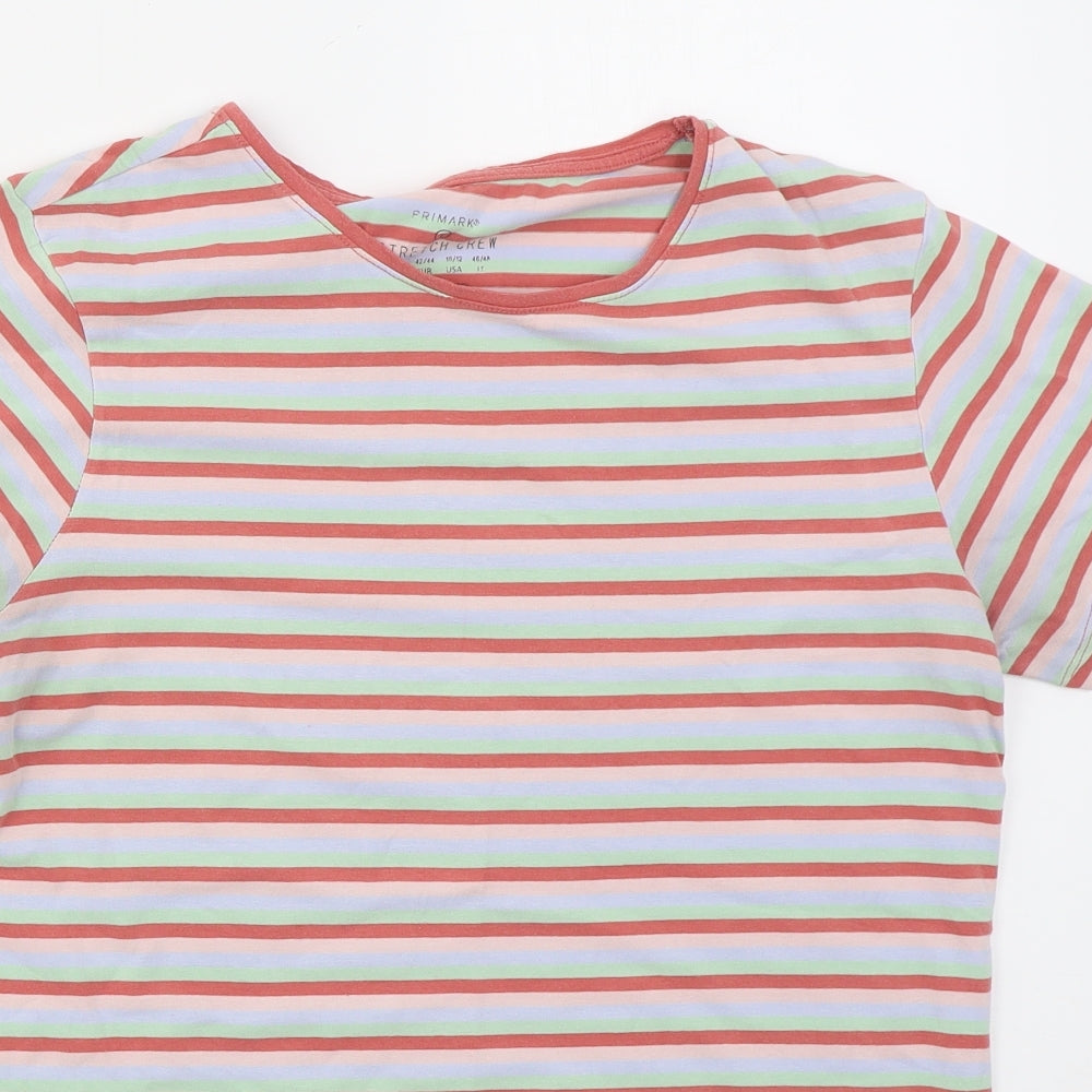 Primark Womens Pink Striped Cotton Basic T-Shirt Size 14 Crew Neck - Green and Blue