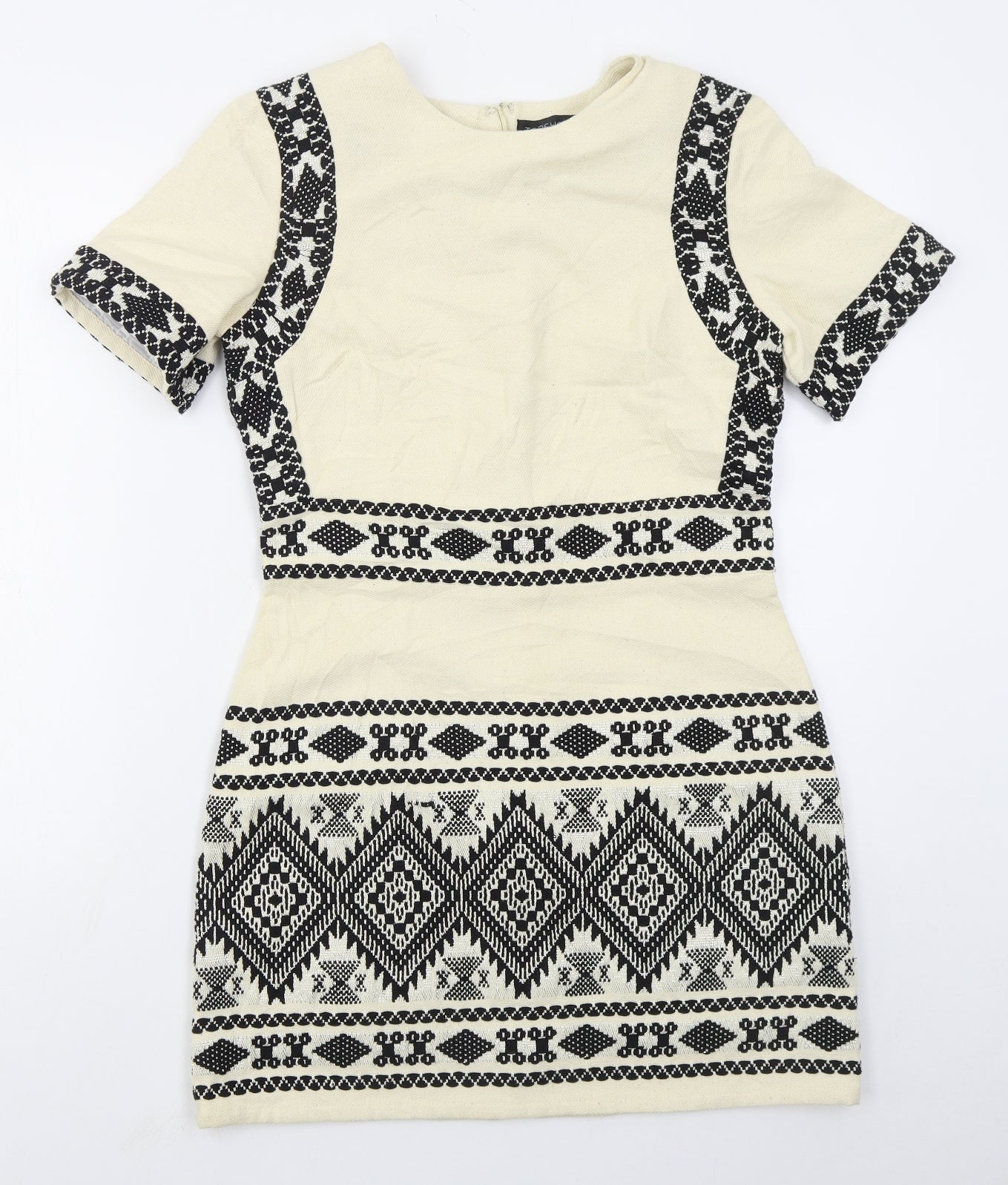 Topshop Womens Beige Geometric Cotton Mini  Size 12  Round Neck Zip