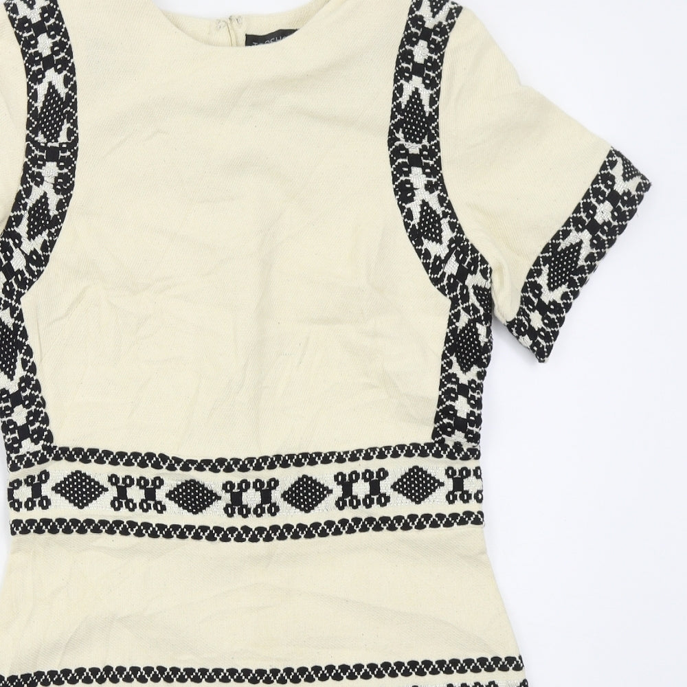 Topshop Womens Beige Geometric Cotton Mini  Size 12  Round Neck Zip
