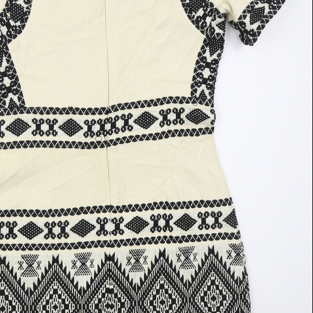 Topshop Womens Beige Geometric Cotton Mini  Size 12  Round Neck Zip