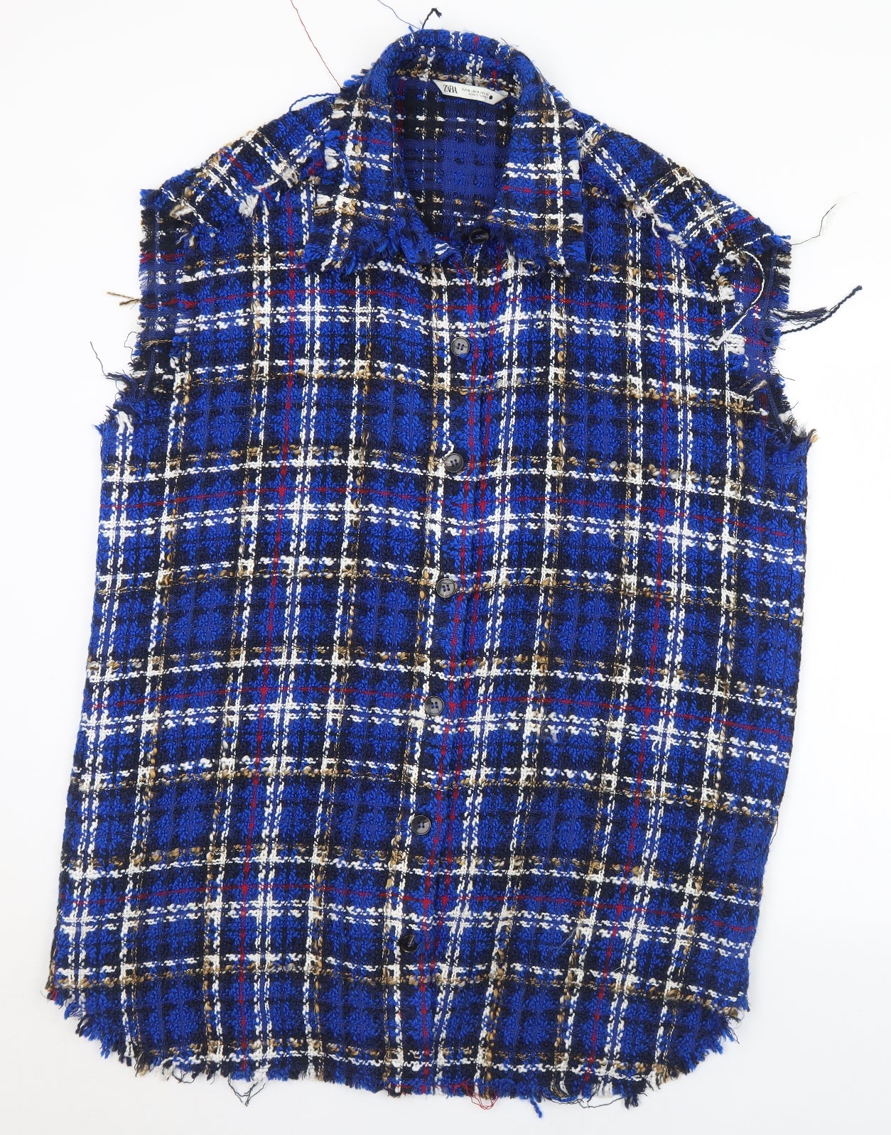 Zara Womens Blue Plaid Acrylic Jersey Button-Up Size XL Collared