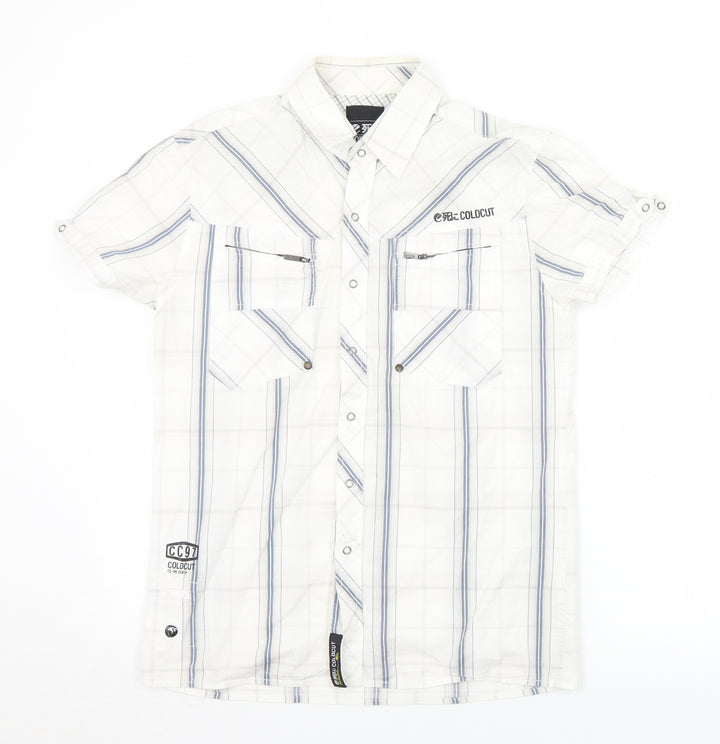 Coldcut Mens White Plaid Cotton Button-Up Size S Collared Snap