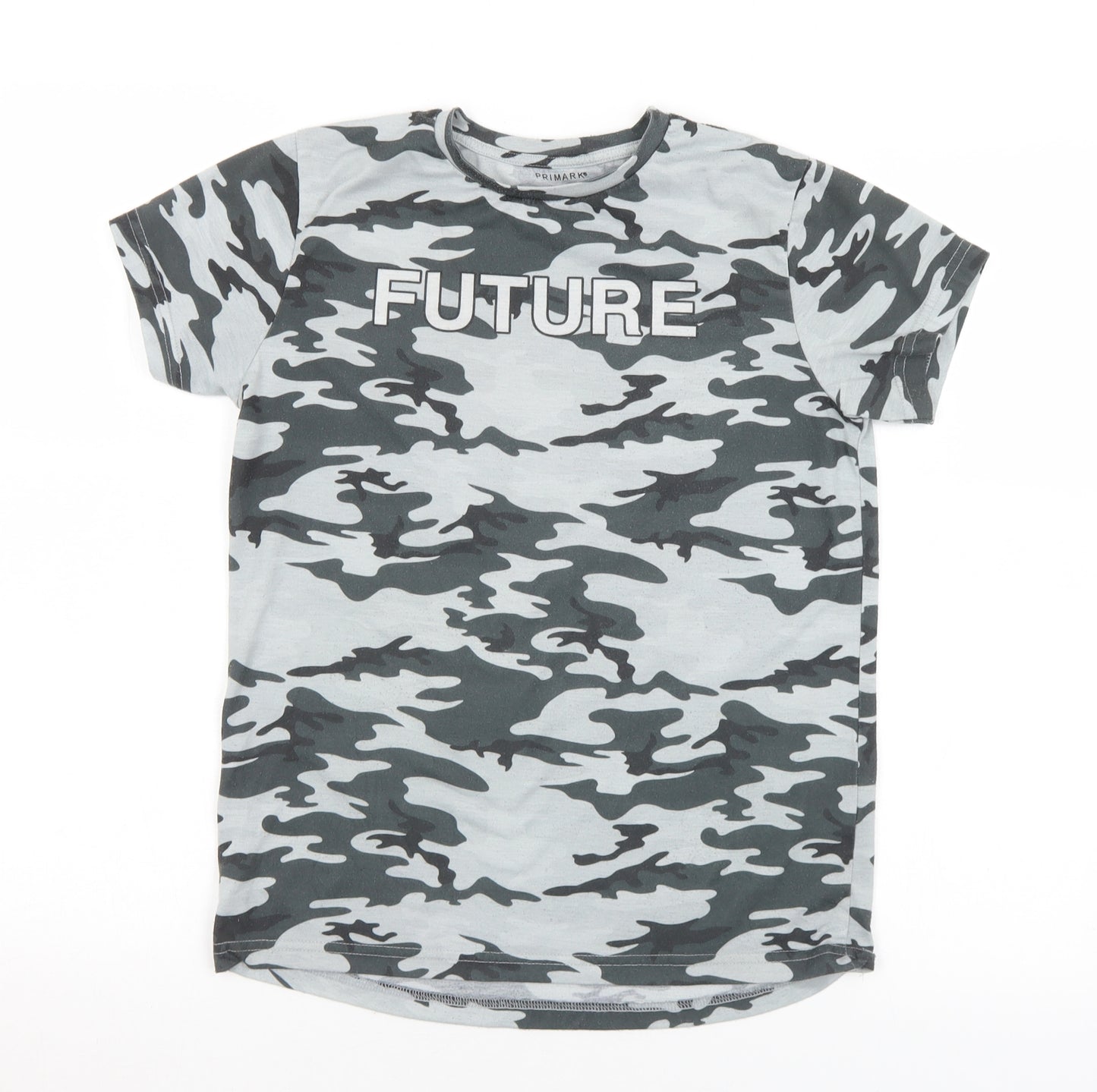 Primark Boys Grey Camouflage Polyester Basic T-Shirt Size 11-12 Years Crew Neck  - Future