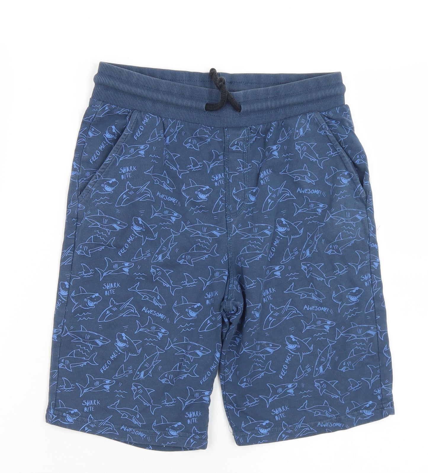 F&F Boys Blue Geometric Cotton Sweat Shorts Size 11-12 Years  Regular Drawstring - Sharks