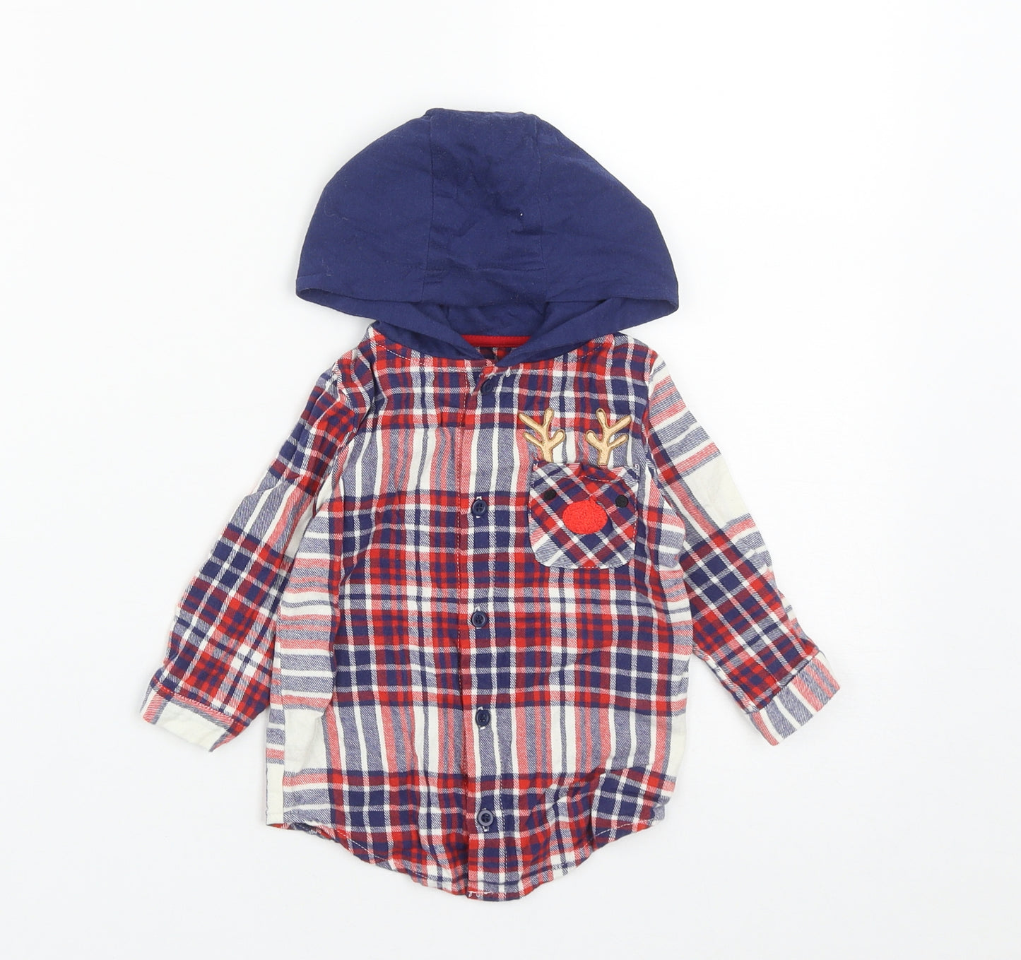 Dunnes Boys Multicoloured Plaid Cotton Basic Button-Up Size 9-12 Months Round Neck Button - Rudolph Christmas