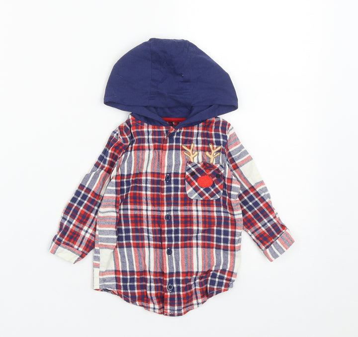 Dunnes Boys Multicoloured Plaid Cotton Basic Button-Up Size 9-12 Months Round Neck Button - Rudolph Christmas