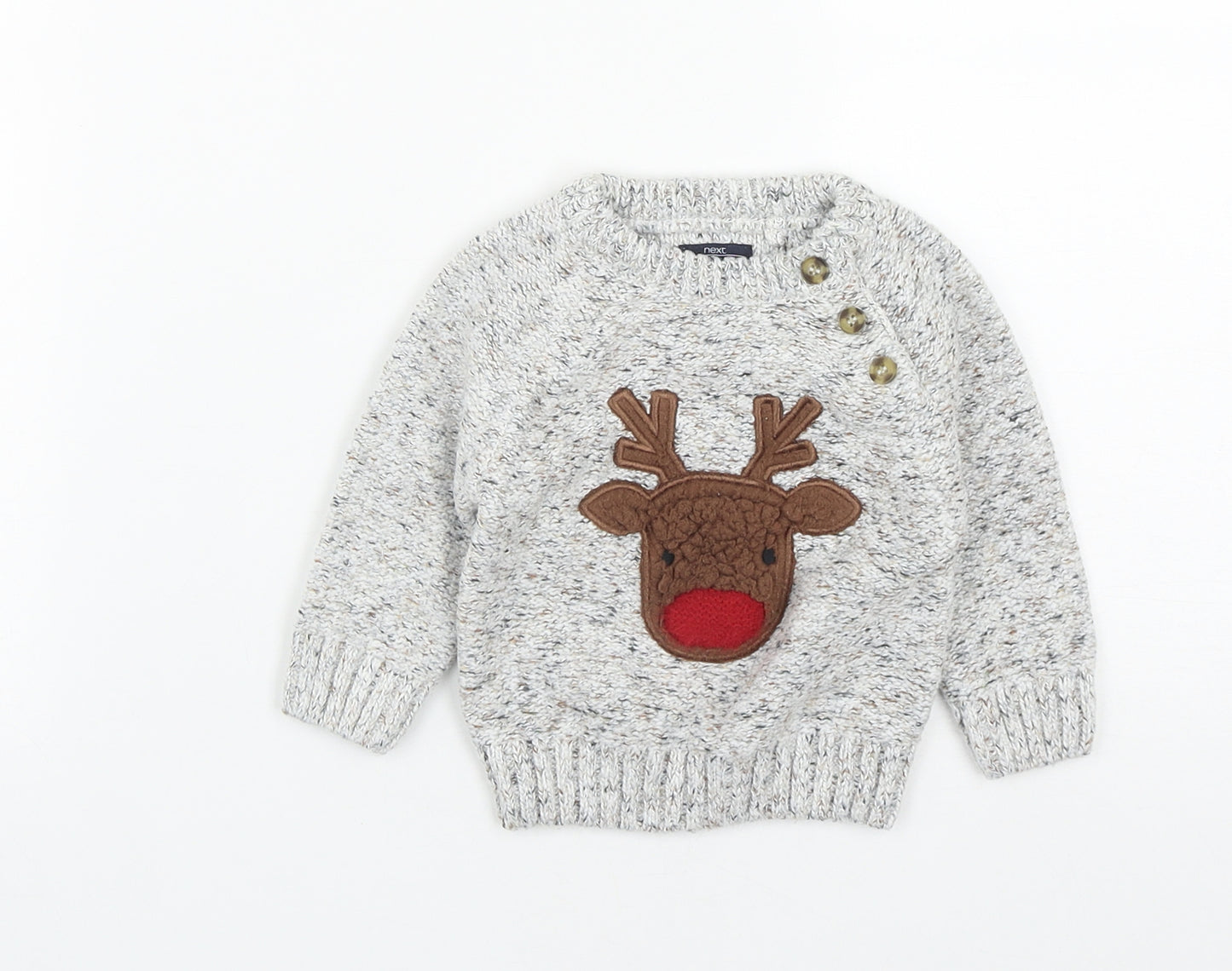 NEXT Baby Beige  Cotton Pullover Jumper Size 6-9 Months  Button - Christmas Rudolph