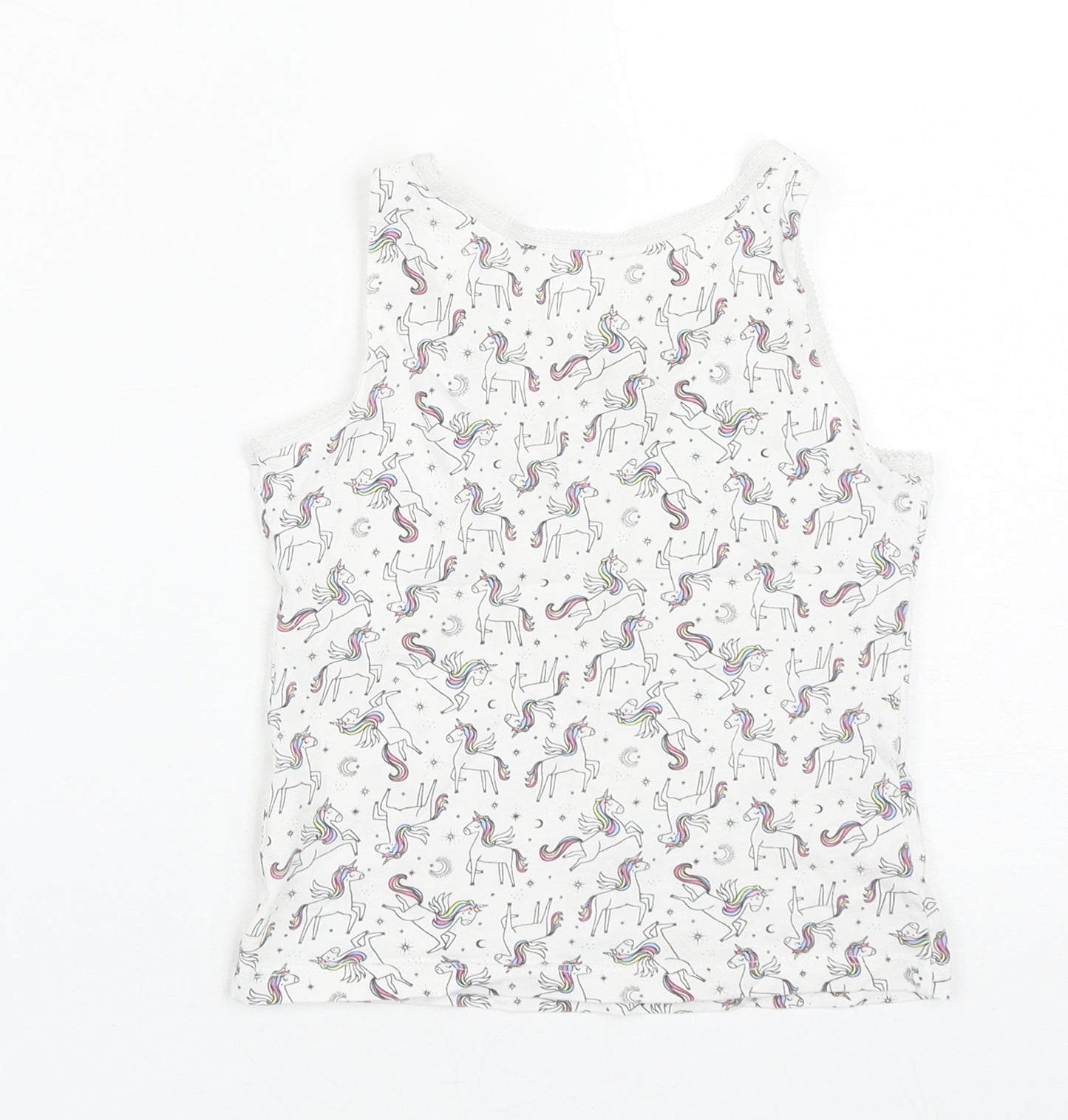 George Girls White Geometric Cotton Basic Tank Size 4-5 Years Round Neck  - Unicorn