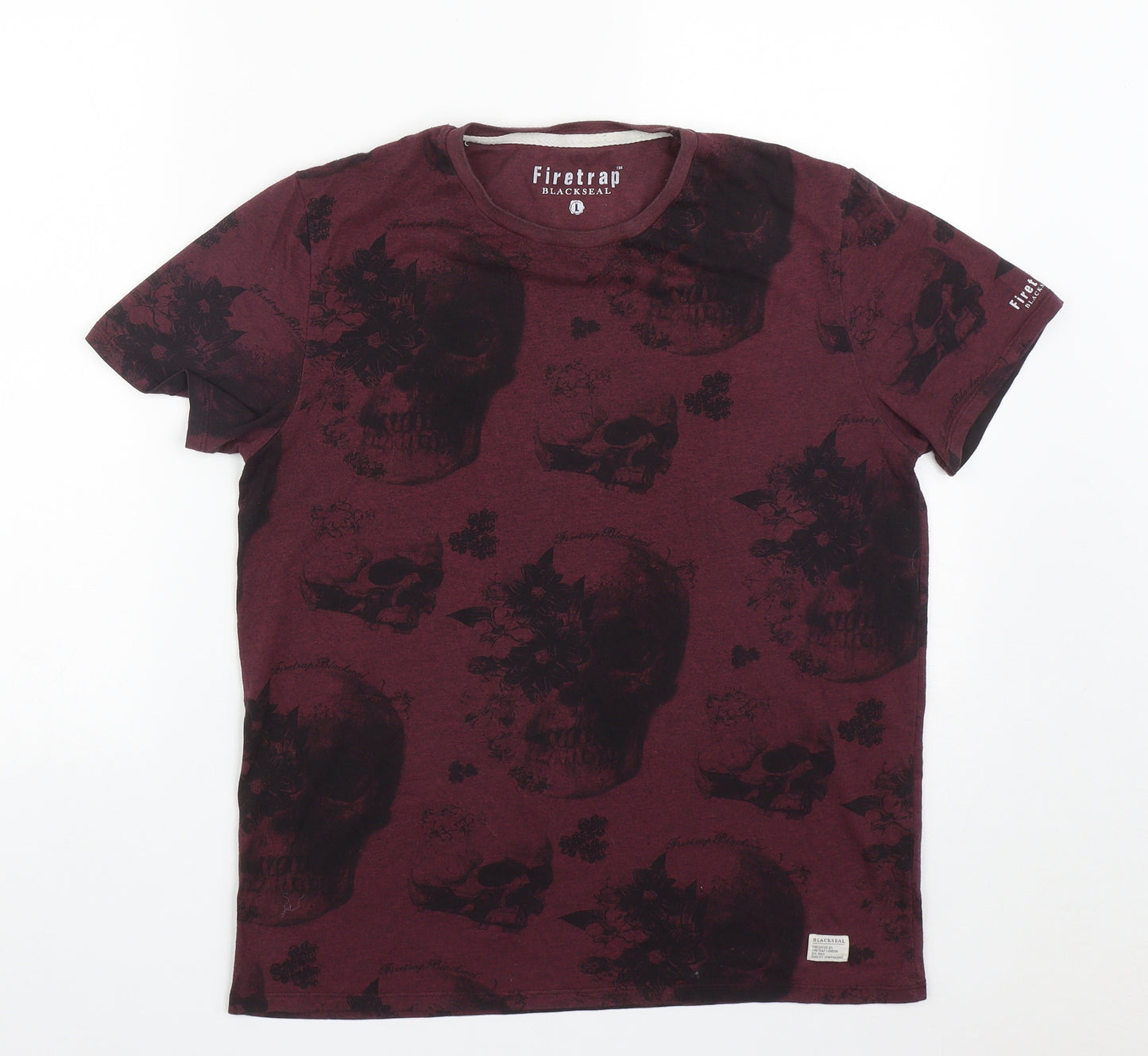 Firetrap Mens Red Geometric Polyester  T-Shirt Size L Round Neck  - Skull print