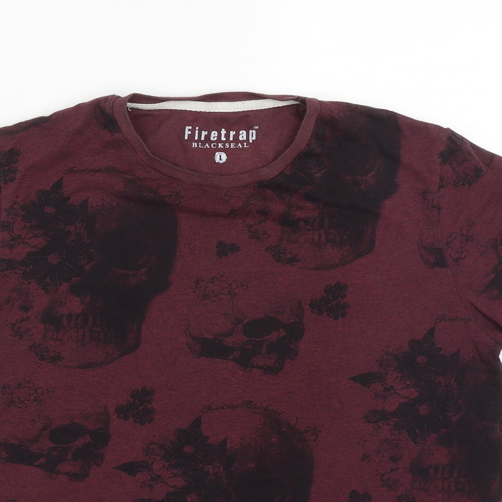 Firetrap Mens Red Geometric Polyester  T-Shirt Size L Round Neck  - Skull print