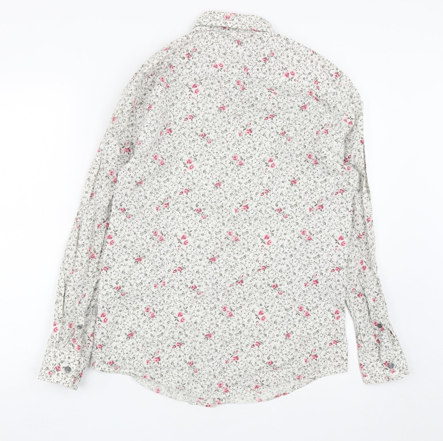 Jeff Banks Mens White Floral Cotton  Button-Up Size S Collared Button