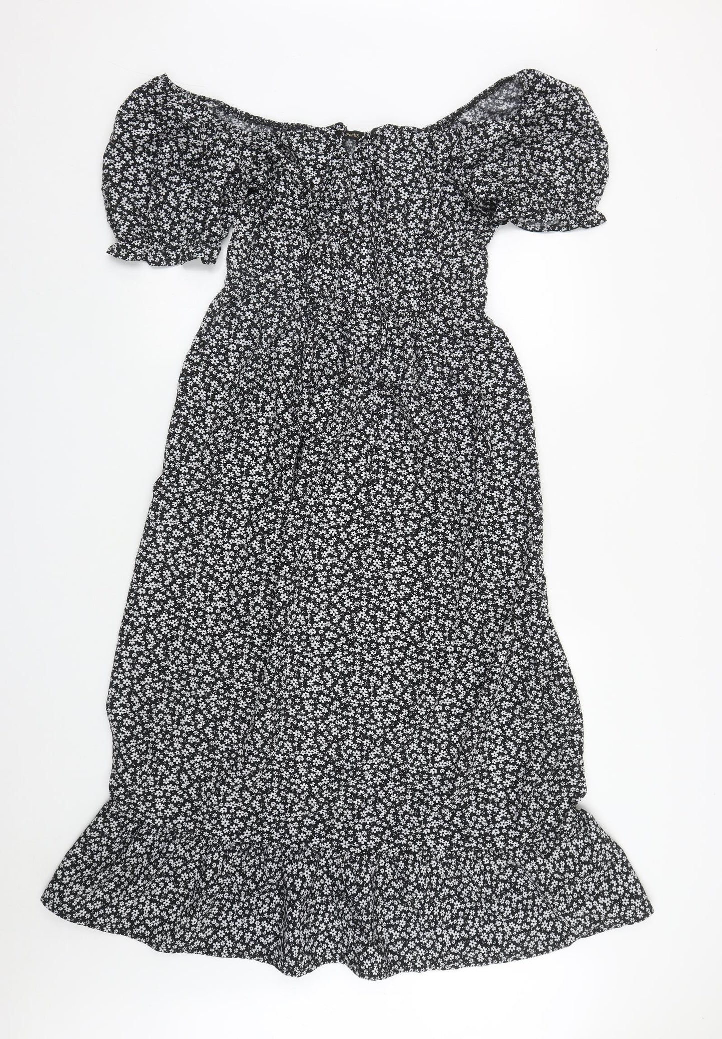 Hesperus Womens Black Floral Polyester Fit & Flare  Size M  Round Neck Tie