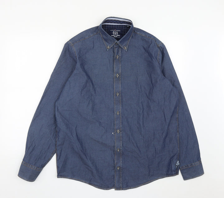 CASAMODA Mens Blue  Cotton  Button-Up Size L Collared Buckle