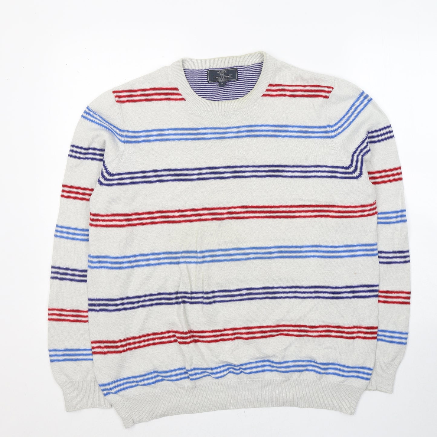Atlantic Bay Mens Grey Round Neck Striped Cotton Pullover Jumper Size M