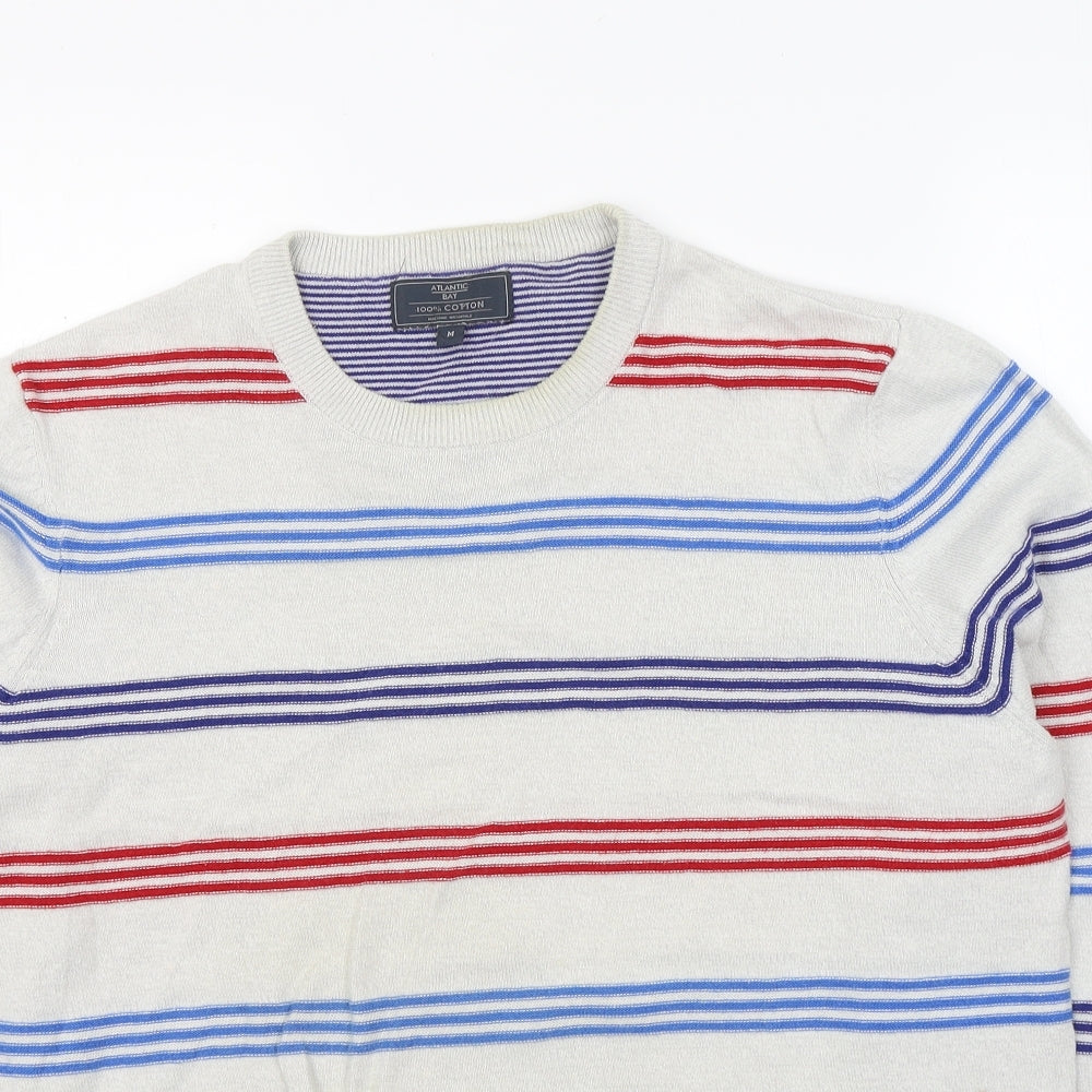 Atlantic Bay Mens Grey Round Neck Striped Cotton Pullover Jumper Size M