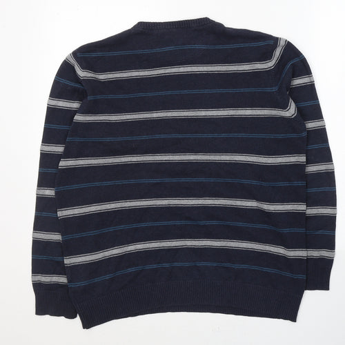 Atlantic Bay Mens Blue V-Neck Striped Cotton Pullover Jumper Size M
