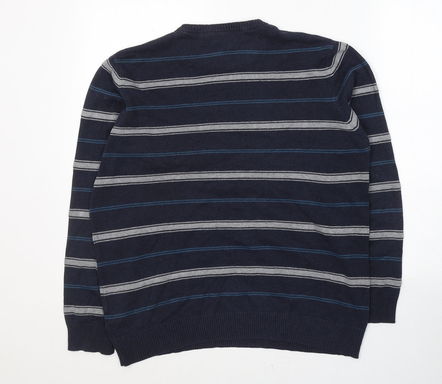 Atlantic Bay Mens Blue V-Neck Striped Cotton Pullover Jumper Size M