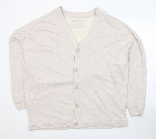 Front view of ASOS men’s beige v-neck cotton cardigan jumper, size S