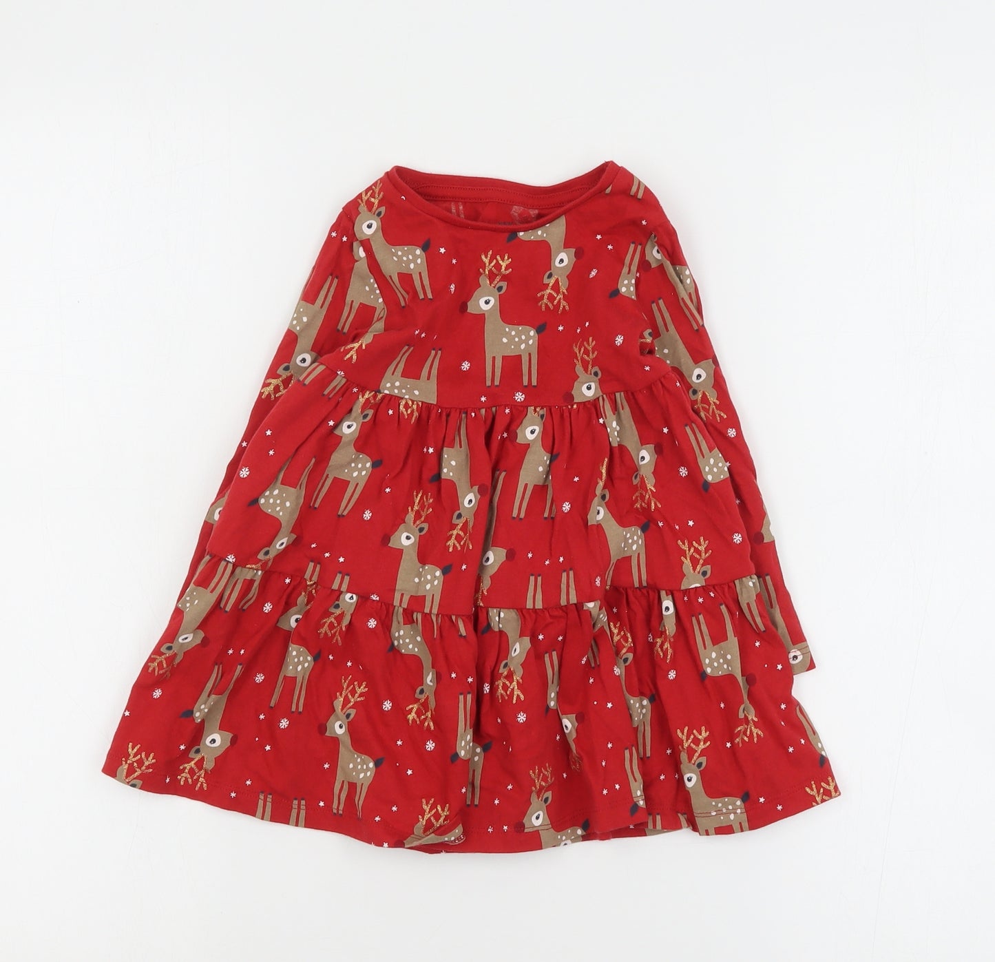 F&F Girls Red Geometric Cotton T-Shirt Dress  Size 2-3 Years  Round Neck Pullover - Christmas