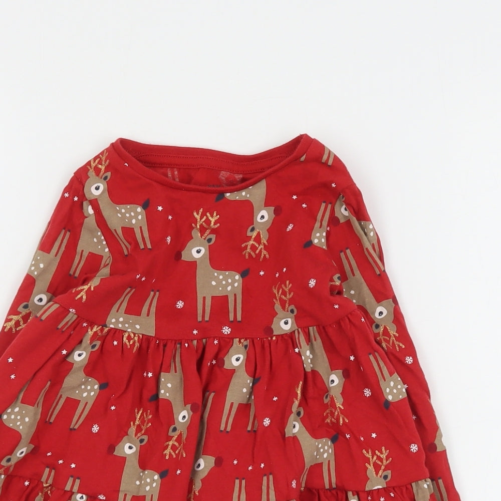 F&F Girls Red Geometric Cotton T-Shirt Dress  Size 2-3 Years  Round Neck Pullover - Christmas