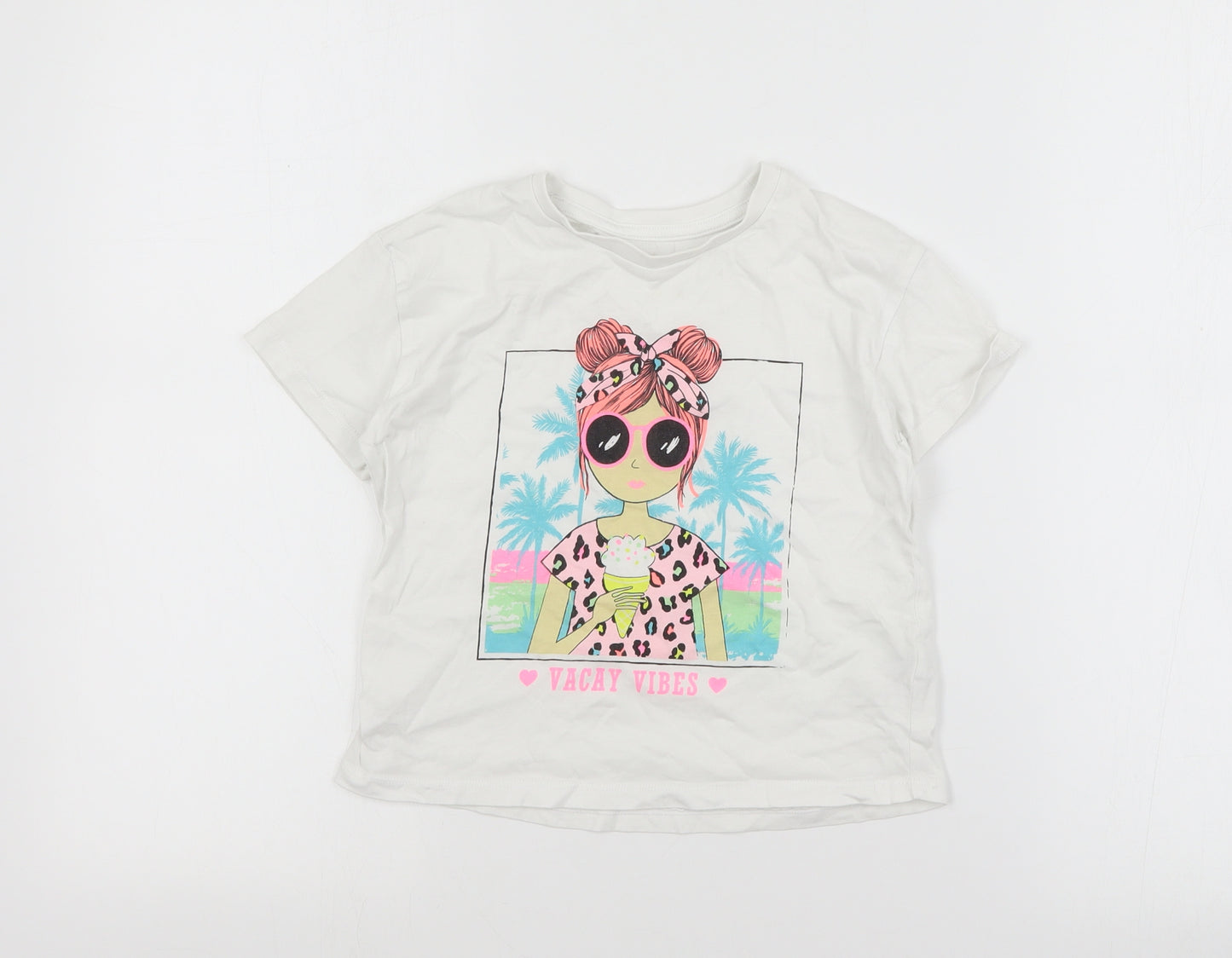 Dunnes Girls White  Cotton Basic T-Shirt Size 5-6 Years Crew Neck Pullover