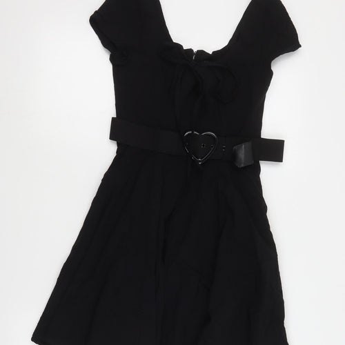 Collectif Womens Black  Polyester Skater Dress  Size 12  Round Neck Zip