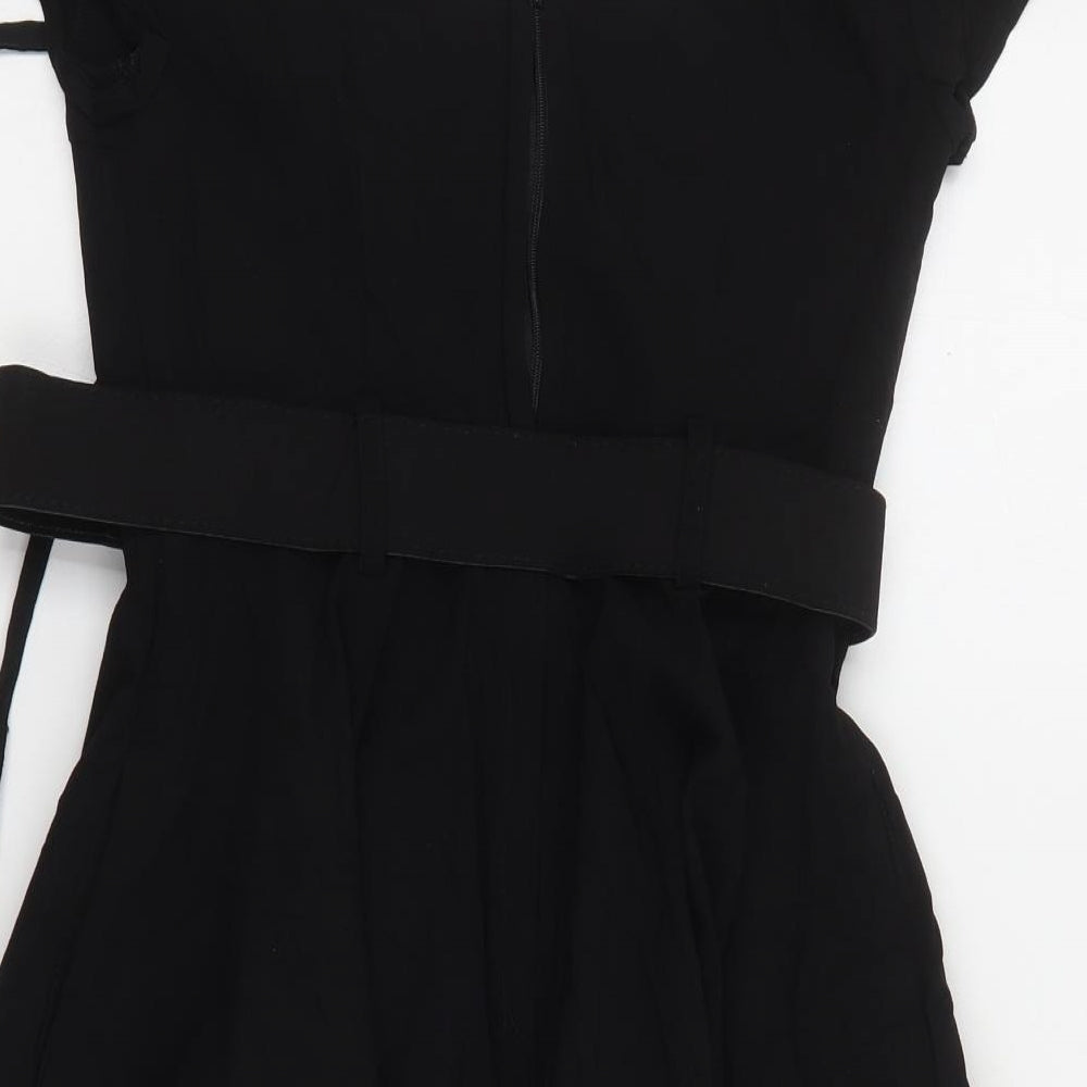 Collectif Womens Black  Polyester Skater Dress  Size 12  Round Neck Zip