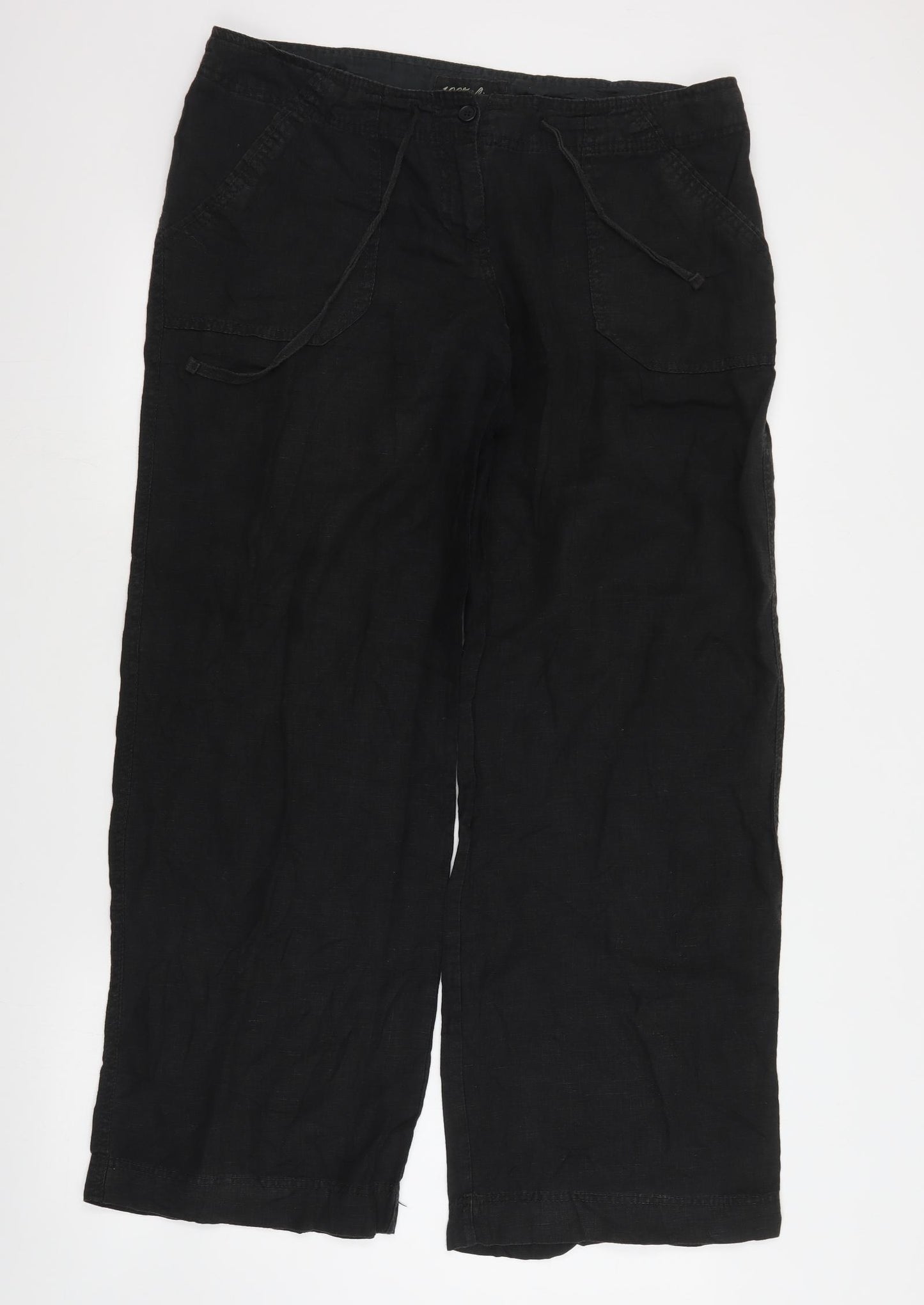 Primark Womens Black  Linen Cropped Trousers Size 12 L30 in Regular Drawstring
