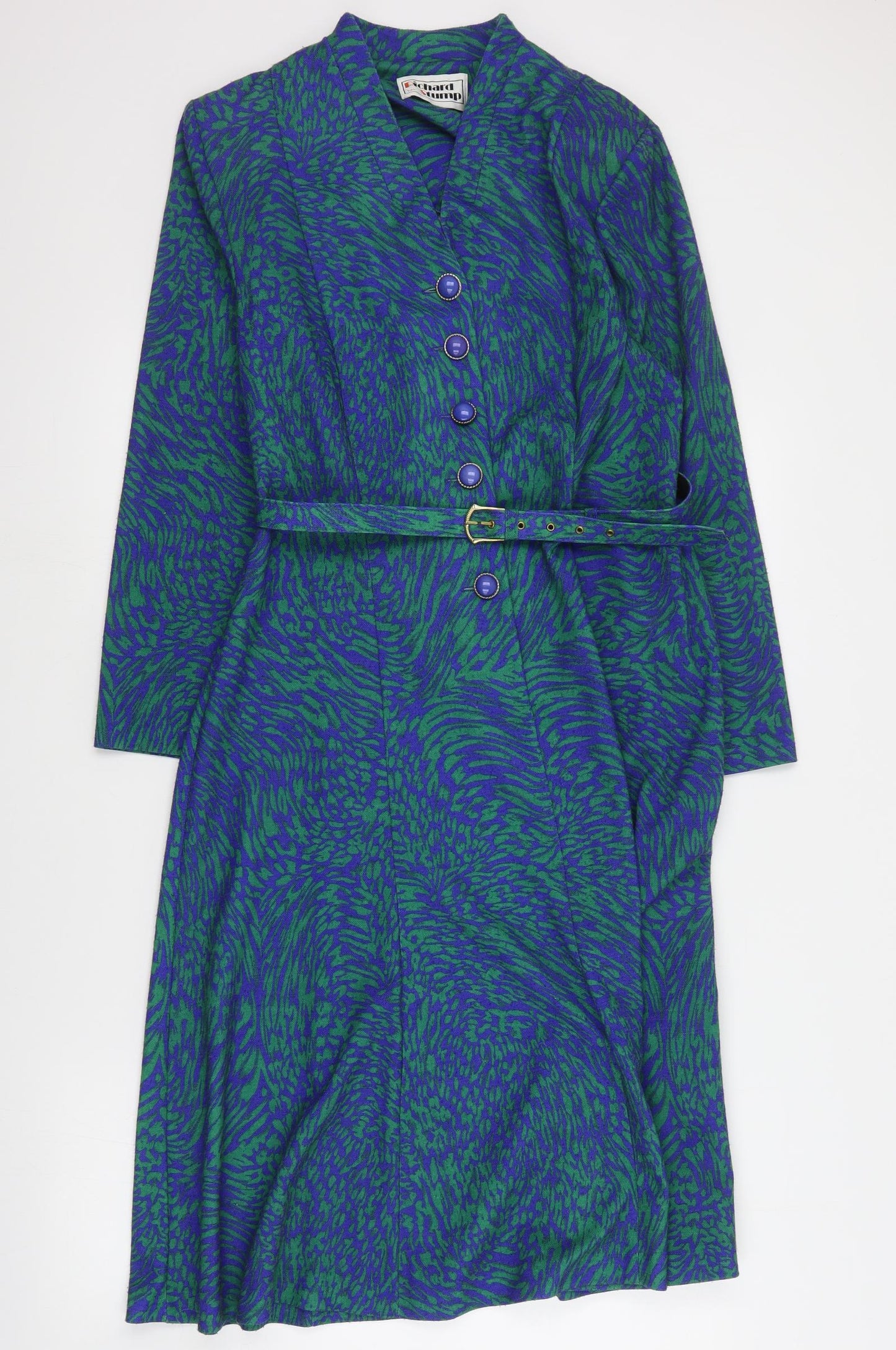 Richard Stump Womens Blue Geometric Polyester A-Line  Size 14  V-Neck Button