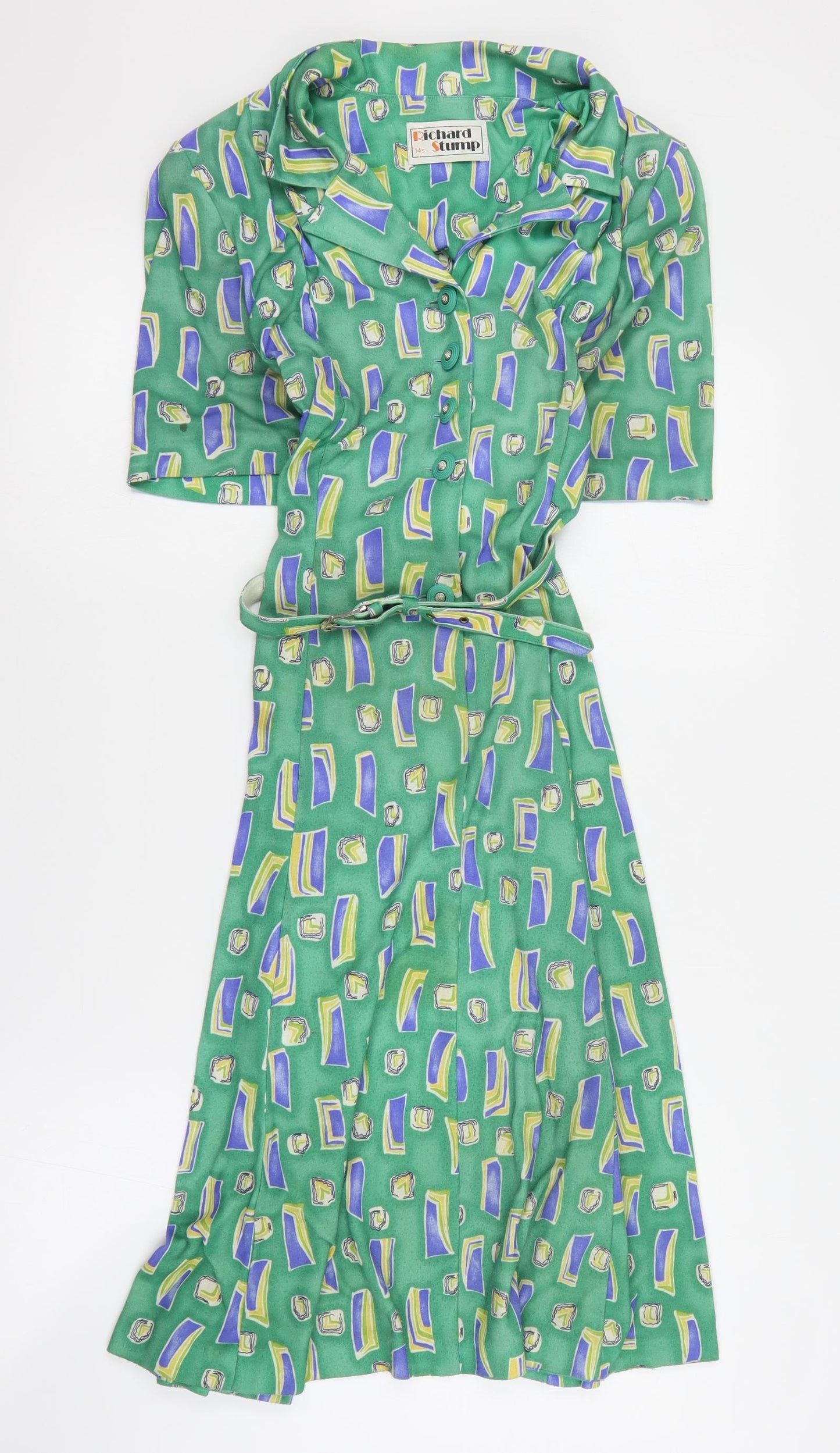 Richard Stump Womens Green Geometric Polyester A-Line  Size 14  Collared Button