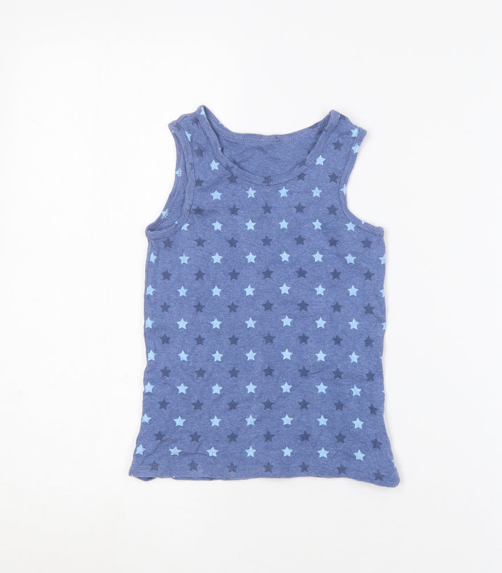 Marks and Spencer Boys Blue Geometric Cotton Basic Tank Size 7-8 Years Round Neck