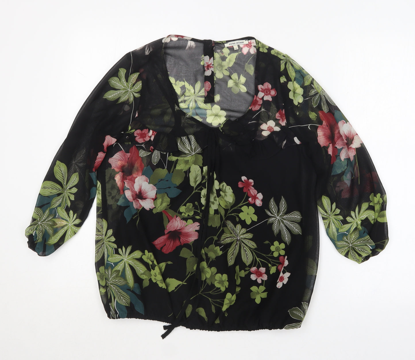 River Island Womens Black Floral Polyester Basic Blouse Size 12 Scoop Neck