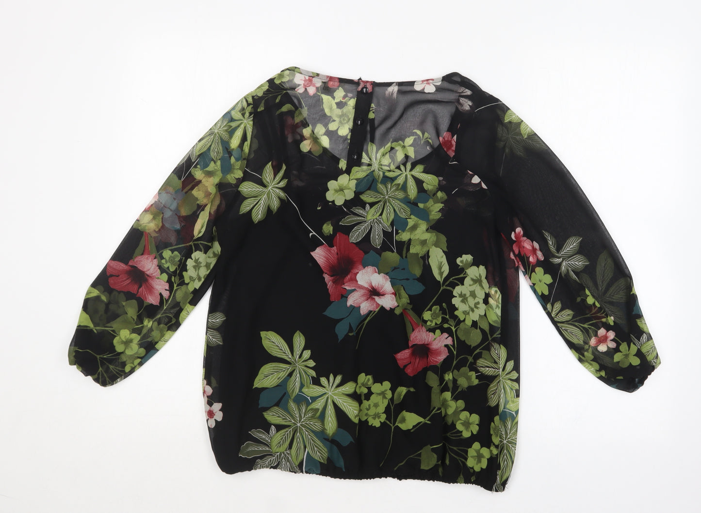 River Island Womens Black Floral Polyester Basic Blouse Size 12 Scoop Neck