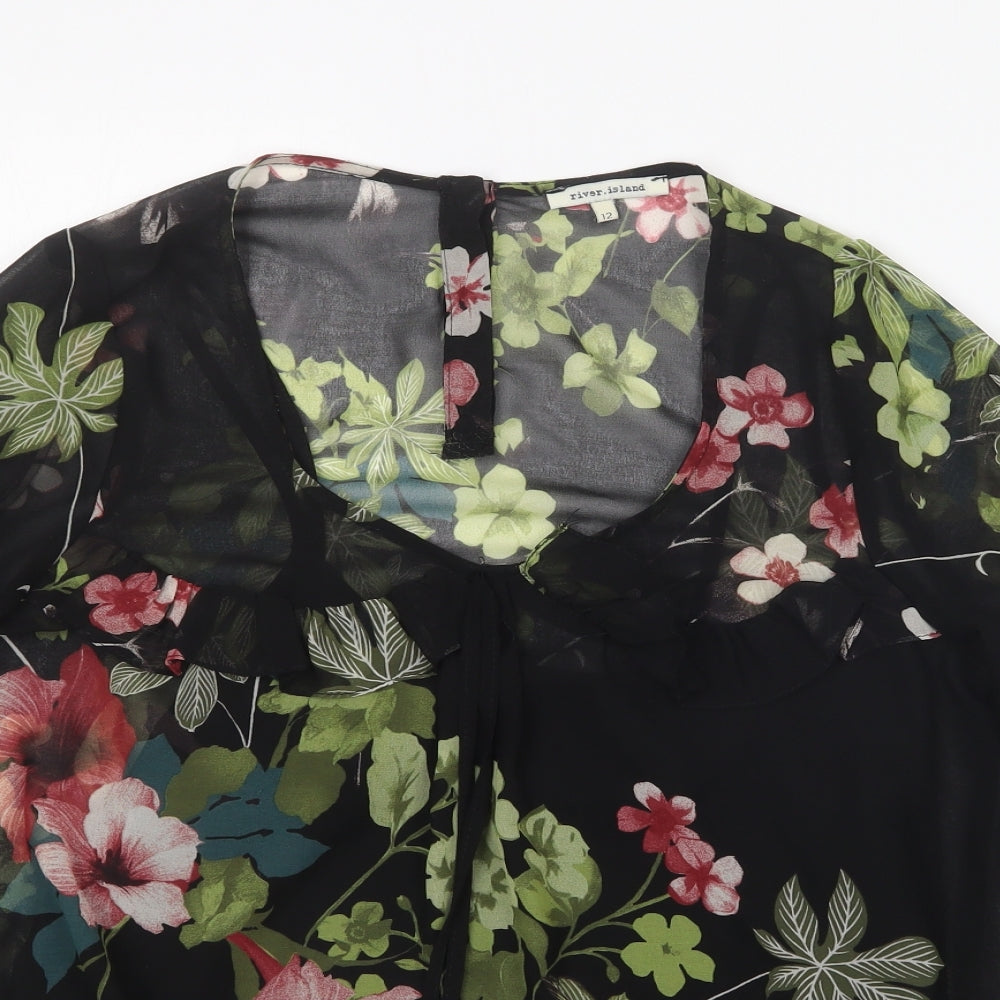 River Island Womens Black Floral Polyester Basic Blouse Size 12 Scoop Neck