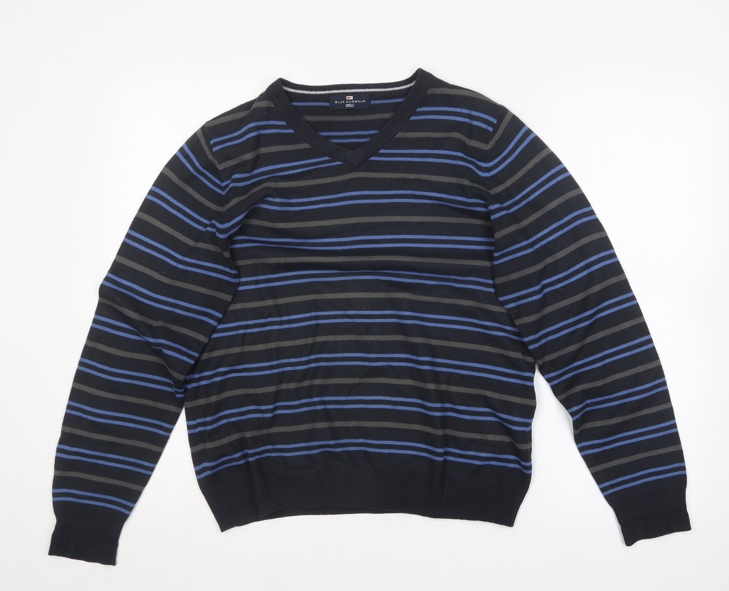 Blue Harbour Mens Blue Round Neck Striped Acrylic Pullover Jumper Size S