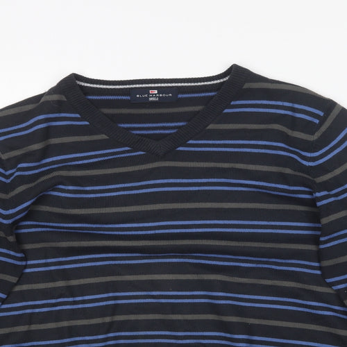 Blue Harbour Mens Blue Round Neck Striped Acrylic Pullover Jumper Size S